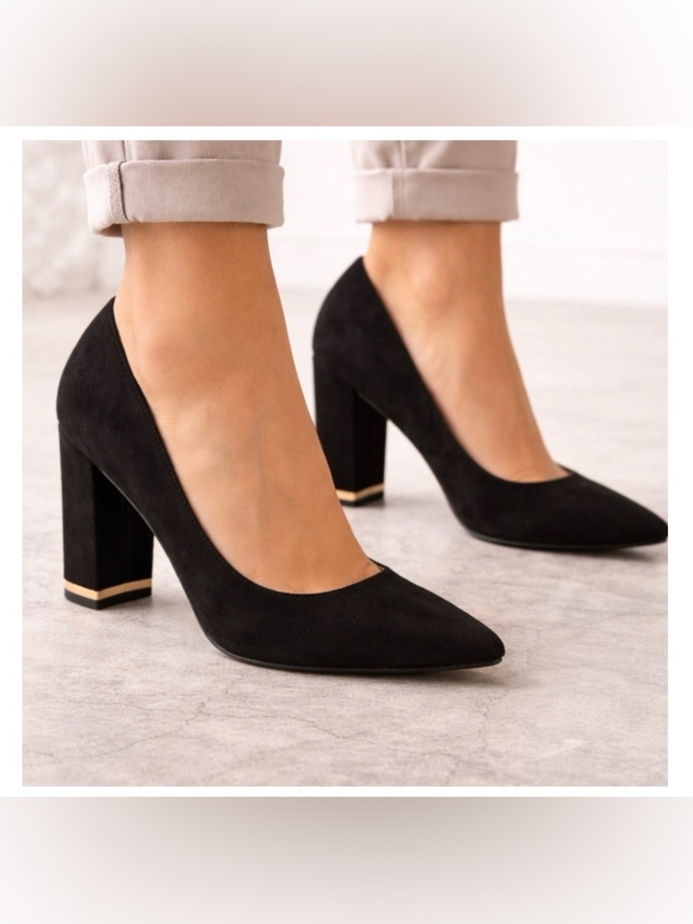Marc Fisher Gildy black suede pointed-toe pump gold trim chunky heel SIZE 7